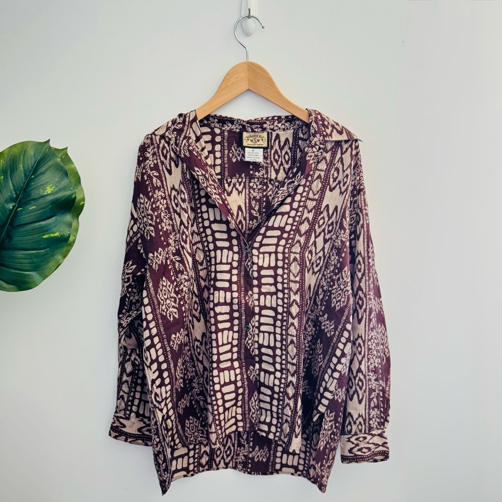 RUNAWAY BAY | 100% Silk Boho Print Button Up Shirt Size Small